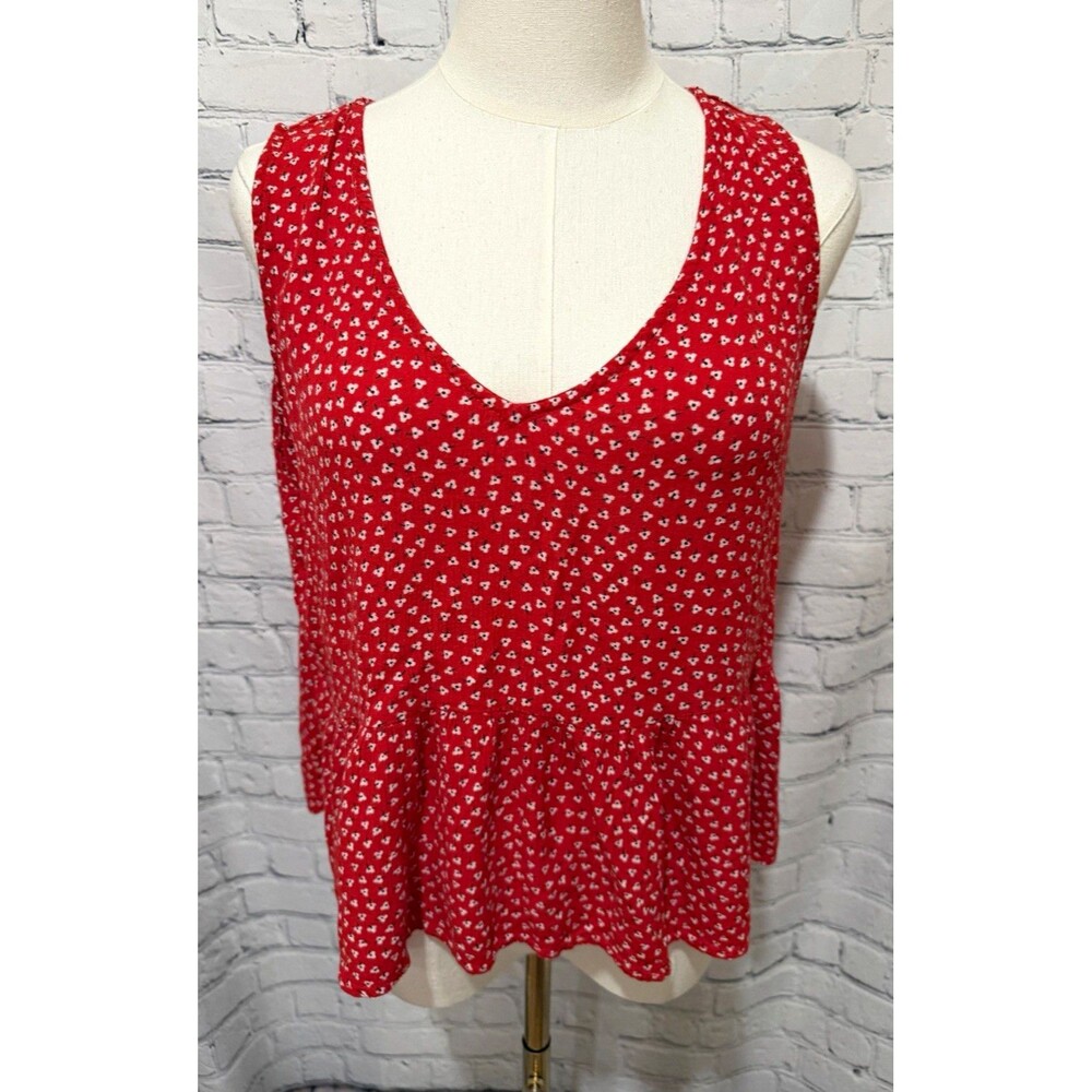 Sim & Sam Womens Red White Floral V-Neck Sleeveless Ruffle Rayon Blouse M